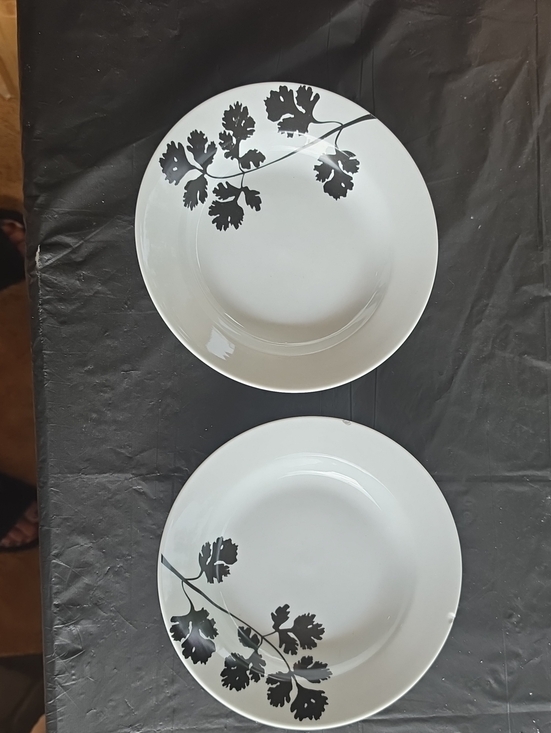 Other - COOKS White Dinner Plates with Black Leaf Motif - Set of 2 CALLOUT-2 Chips